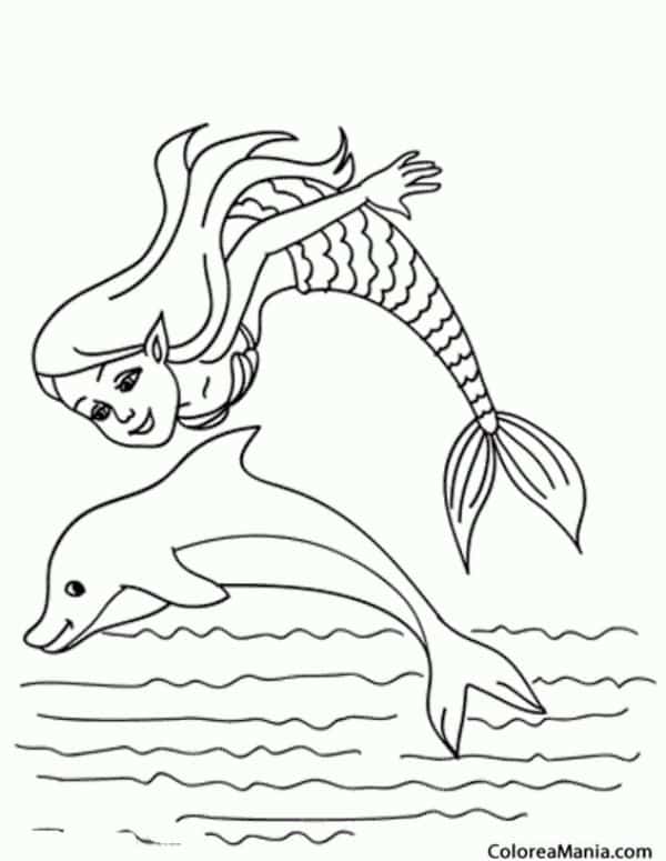dibujo delfin para colorear con una sirena