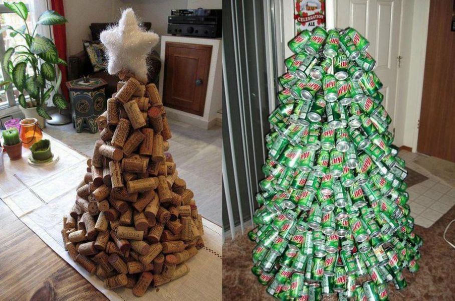 árbol de navidad reciclaje con latas y corchos
