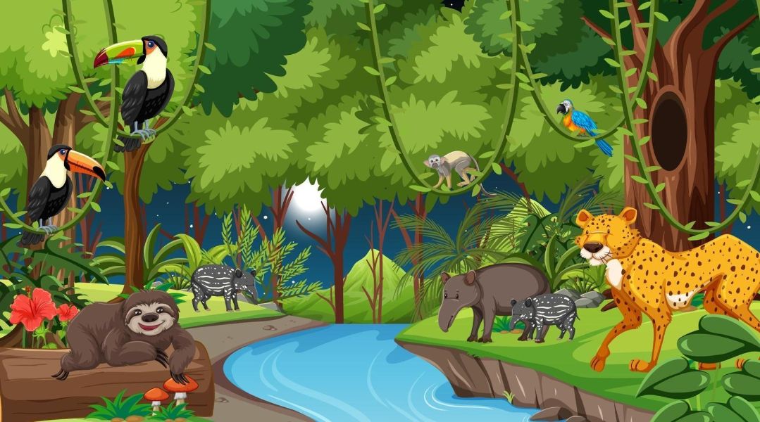 dibujo paisaje de la selva con animales